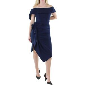 Betsy & Adam Womens Asymmetric Ruffled Cocktail and Party Dress in Night Blue NW